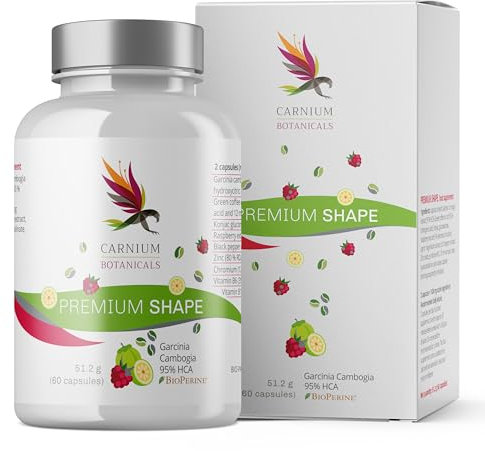 Carnium Botanicals Premium Shape - Glucomannan Kapseln mit Garcinia Cambogia, Grüner Kaffee, Schwarzer Pfeffer und Vitamine B12 & B6 - Vegan und Glutenfrei - 60 Kapseln
