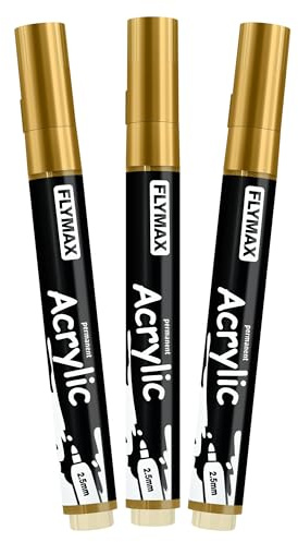 FLYMAX Pennarelli Paint Marker Oro 2,5 mm – Pennarelli Permanenti Oro Acrilici Marker Permanent Pen Acrylic, Media, Indelebili, Asciugatura rapida (confezione da 3)