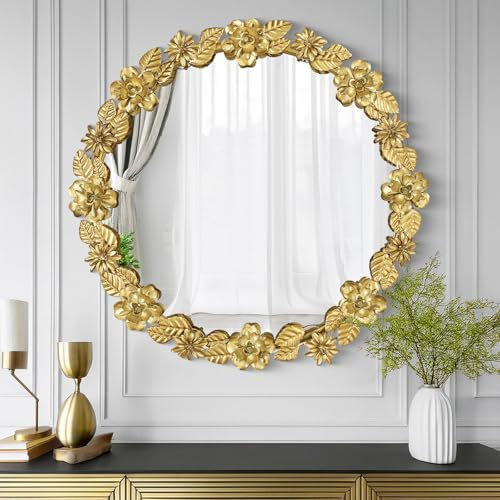 JUMBO DECOR Espejo de pared redondo grande de 24 pulgadas, espejo de pared de lámina dorada con marco de metal de flores y hojas, espejos montados en la pared para entrada, sala de estar, baño