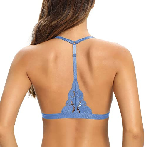 SHEKINI Womens Lace Bra Halter Neck Bras Race Back Wireless Padded Bralette | Triangle, Front Fastening, Removable Pads, Non Wired, Adjustable Straps, Comfortable, Everyday, Breathable