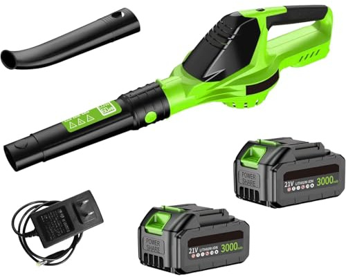 Soplador de hojas inalámbrico de 21 V, 3000 W, 100 MPH, con 2 x 3.0 Ah Batería y cargador, 5 modos de velocidad para el mantenimiento del césped, el soplado de la nieve y el desempolvado (2 baterías)