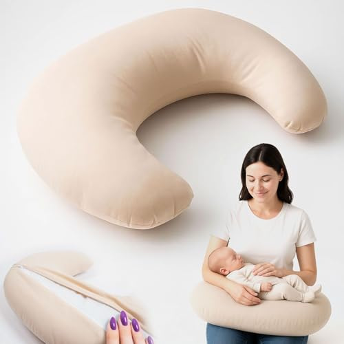 PaLulli Coussin d'allaitement de qualité supérieure avec housse de coussin d'allaitement, en 100 % coton, amovible, positionnement multifonction de bébé et de mère, beige