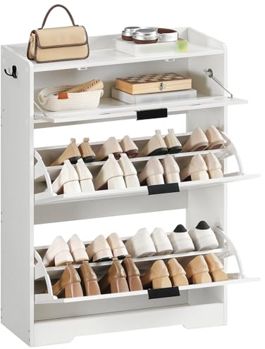 HOOBRO Scarpiera Stretta con 3 Cassetti a Ribalta, Ribaltatore per Scarpe, Capacità 16 paia, 2 Divisori Regolabili e 2 ganci Doppi, 80 x 24 x 105 cm, per Ingresso e Corridoio, Bianco EWT105SC01
