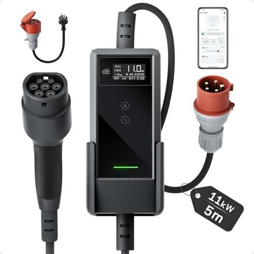 dé Mobil Wallbox 11 kW laddstation med app [5,5 m|3-fas|6-16 A] Laddkabel CEE 16 A till Typ 2 med justerbar laddeffekt EV Charger Wallbox 11 kW för Model Y/3 e-tron och BEV/PHEV | Laddningskabel e bil CEE-16A 400V till typ 2 med justerbar laddningseffekt, EV-laddare för BEV/PHEV