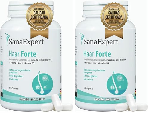 SanaExpert Haar Forte - Integratore per Capelli e Unghie - Con Biotina, Zinco, Miglio Perlato e Selenio - 120 Capsule Vegane - Prodotto in Germania (Confezione da 2)
