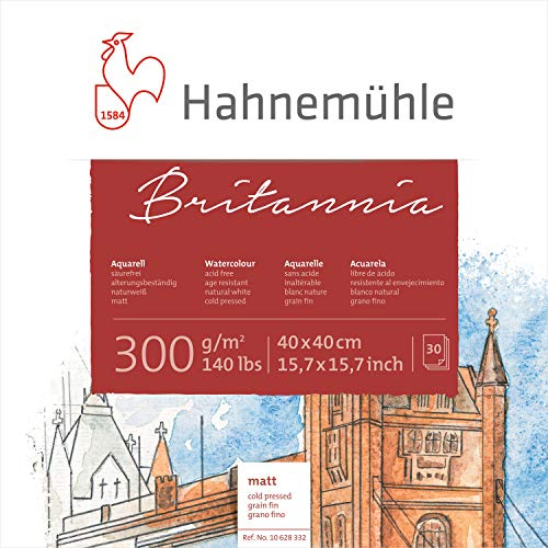 Hahnemühle Britannia Aquarellblock, mattes naturweißes Aquarellpapier, 300 g/m², 30 Blatt, 40 x 40 cm