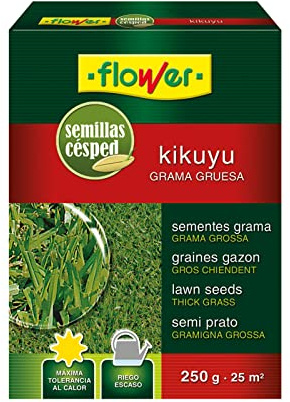 Flower - Semillas Kikuyu | Césped Resistente a Calor y Salinidad | Bajo Mantenimiento y Riego Eficiente | Cubre 25 m² | Ideal Climas Cálidos y Costas, 10.3x3.7x14.5 cm, Semilla