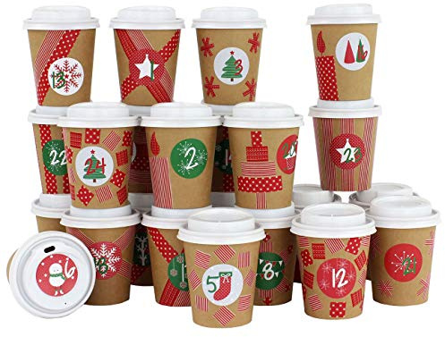 PaPIerDraCHeN Tazze da caffè del Calendario dell'Avvento Fai da Te - da Fare e riempire da Soli - con washi Tape Rosso - 24 Coffee to Go Tazze - Design Set 15