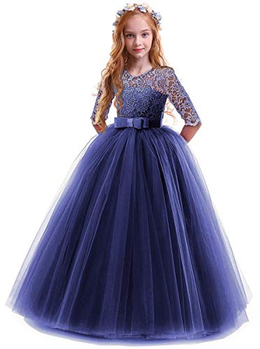 IWEMEK Robe de Carnaval Princesse Longue en Dentelle pour Enfants Fille - Demoiselle d'Honneur, Soirée, Mariage, Première Communion, Anniversaire, Fête, Photographie - Avec Bowknot - 11-12 Ans