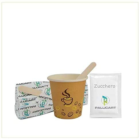 Virsus Kit sucre agitateurs petits gobelets Ensemble d'accessoires biodégradables 150 sachets de sucre - 150 gobelets 75 ml en carton havane avec motif - 150 agitateurs en bois de bouleau