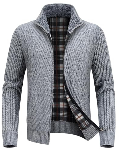 KUDORO Mens Knitted Cardigans Thick Sweater Full Zip Stand Collar with Fleece Lined Knitwear Jumpers Casual Winter Coat Sweater Top for Men Light Grey