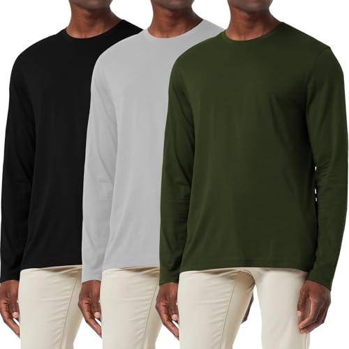 3-pack bomullströja för män, lös passform, långärmad t-shirt, fukttransporterande, rundhalsade skjortor, komfort, ledig, baslayer-toppar, Paket med 3, M