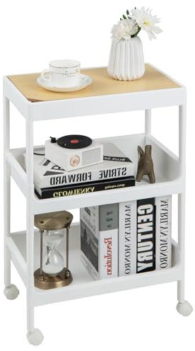 HOMASIS chariot auxiliaire 3/4 niveaux, service avec roulettes et plateau amovible, multifonction, rangement salon, chambre, bureau, 40 x 26 x 61/84 cm, blanc