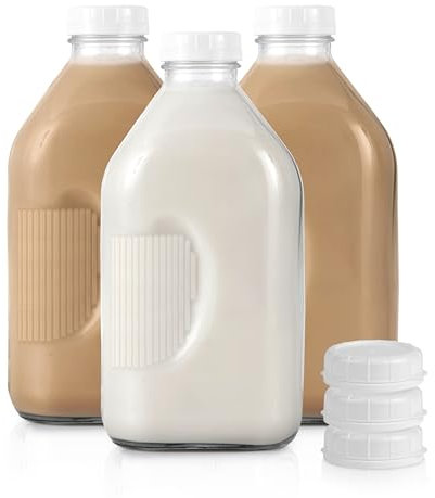 Stock Your Home Half Gallon Glass Milk Bottle with Lid (3 Pack) 64 Oz Jugs and 6 White Caps, Reusable Food Grade Milk Container for Refrigerator, Bottles for Juice, Oat or Plant Milks, Water, Honey