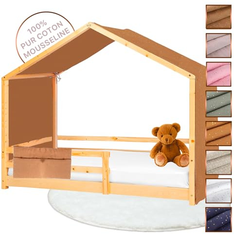 Lovely Hippo Tenda Letto Bambini 100% Cotone - Tenda Letto Montessori per Letto Bambini 80x160 e 90x190cm - Modelo 2 (Cacao/Oro + Astuccio, 97 x 402 cm + Astuccio)