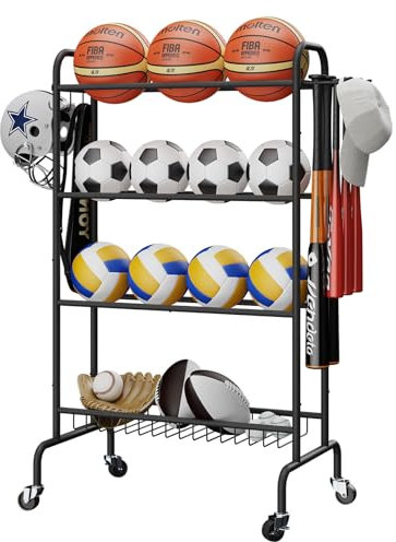 IBUYKE Ball Storage Rack, 4-Layers Rolling Basketball Football Rack with Wheels, Movable Garage Sports Equipment Storage Organizer for Football Soccer Volleyball Outdoor Indoor, Black TBL002B