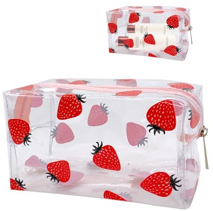 KASESSS Trousse Scolaire Transparente, PVC Étanche Trousses, Portable Pencil Case, Trouse Motif de la Fraise, Grande Capacité Trousse College, Kawaii Trousse Scolaire Fille Ado Collège