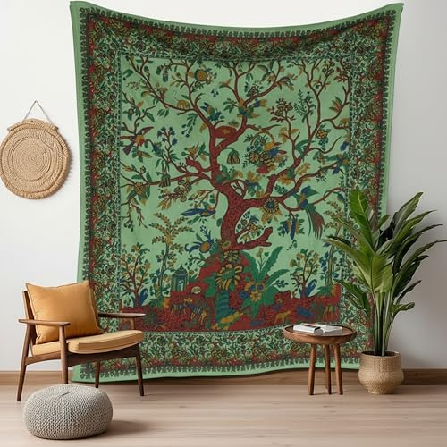 Craft Trade Green Tree of Life Tapestry, Boho Wall Hanging 137x213cm | Green tree of life design brings natural boho style to bedrooms, living rooms, yoga spaces and meditation areas.