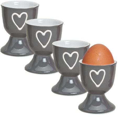Lot de 4 coquetiers multicolores de style maison de campagne - Gris - Ronds en céramique - Pour le petit-déjeuner - Dessous de verre en forme de