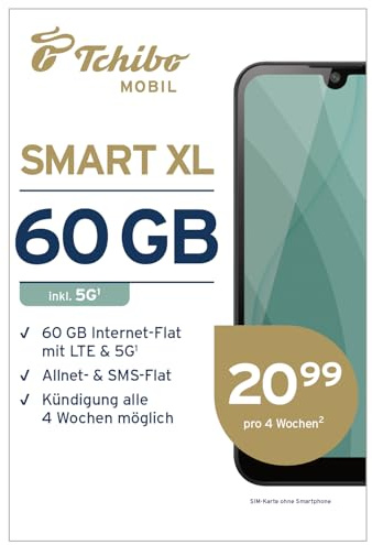 Tchibo MOBIL Smart XL SIM-Karte | 60 GB Datenvolumen + Allnet- & SMS-Flat | Surfen mit LTE/5G | Nur 20,99 € alle 4 Wochen | Ohne Lange Vertragsbindung | EU-weites Roaming