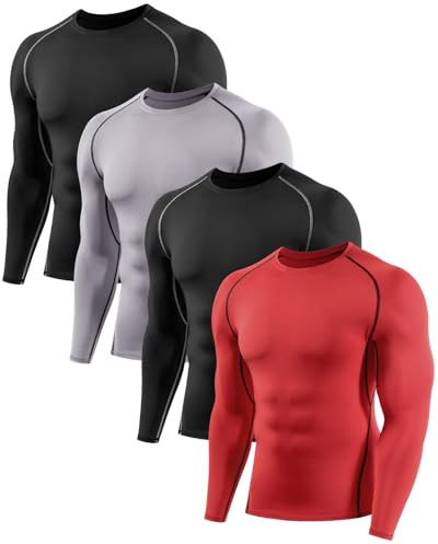 Orrfreer 4 Pack Men's Long Sleeve Compression Base Layer Top Quick Dry Long Sleeve Running Top Mens Tight Baselayer Tee Shirts All Season for Running Training Black/Grey/Black/Red M
