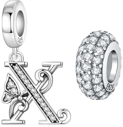 PANPOKI Parti med 2 fjärilsberlocker i 925 sterling silver, för armband och halsband, med initialer från alfabetet, mellanpärlor, present för kvinnor, Sterlingsilver, Ingen pärla