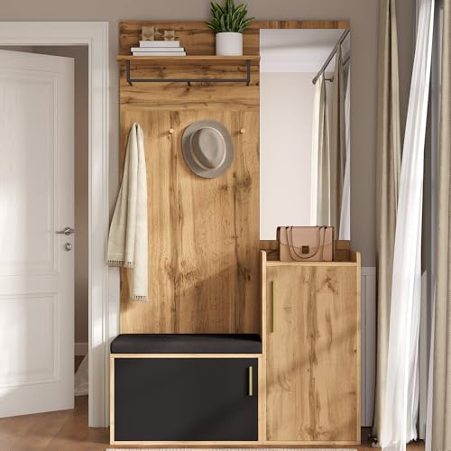 Merax Ensemble vestiaire compact avec miroir et banc, armoire à chaussures et crochets, ensemble de meubles de couloir, noir et naturel, 100 x 38 x 185 cm
