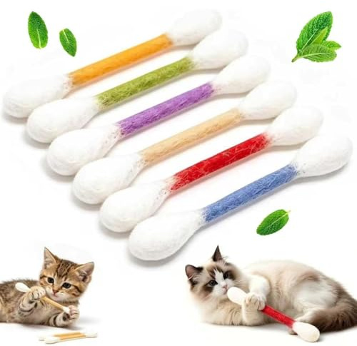 6 Piezas Bastoncillos de Algodón Gatos con Sabor a Hierba Gatera, Bastoncillos de Algodón Interactivos para Masticar y Limpiar Dientes, para Gatitos Ideales para Jugar y Hacer Ejercicio