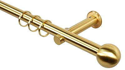 Gardinenstange in Messing Optik 16 mm mit Endstück Kugel, Vorhangstange aus Metall mit Gardinenringen, Set zur Wandmontage mit 1 Schraube pro Wandhalter, 120 cm
