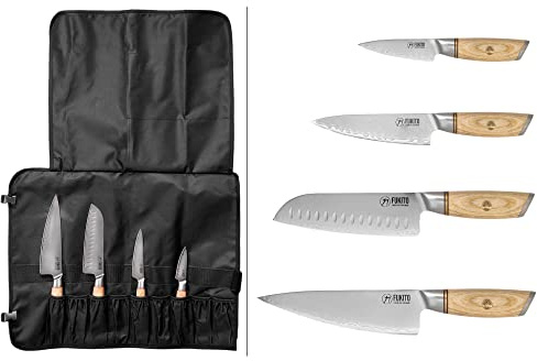 Fukito - Mallette 4 Couteaux de Cuisine Design Japonais Pakka San Mai Manche en Bois de Pakka Mallette 9 Places Office + Universel + Santoku + Chef