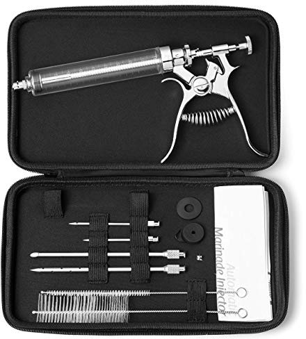 J&B Goods Professional Automatic BBQ Meat Marinade Injector Gun Kit with Case, 2 oz Large Capacity Barrel and 4 Commercial Grade Marinade Needles.