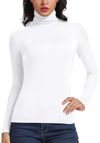 STARBILD Camisa de Manga Larga para Mujer Top de Cuello Alto Jersey Ligero Blusas de túnica Delgadas S-XXXL White Medium