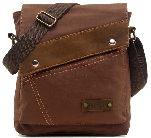 Sechunk Canvas Shoulder Bags Crossbody Bags Messenger Bags Purse for Men Women (Red Brown，small)