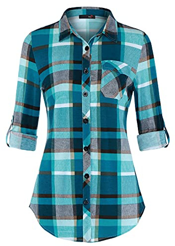DJT Womens Button Down Shirts Fall Tops Soft Knitted Stretchy Roll Up Long Sleeve Dressy Casual Shirt Work Blouse Top Medium Turquoise