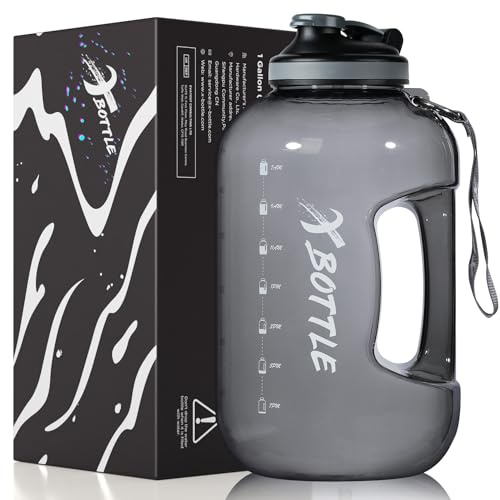 XBOTTLE 1 Gallon BPA Free Dishwasher Safe 128oz Large Water Bottle with Motivational Time Marker and Handle - Leak-proof Big Black Water Jug for Camping, Sports, Workouts (Chug Lid)