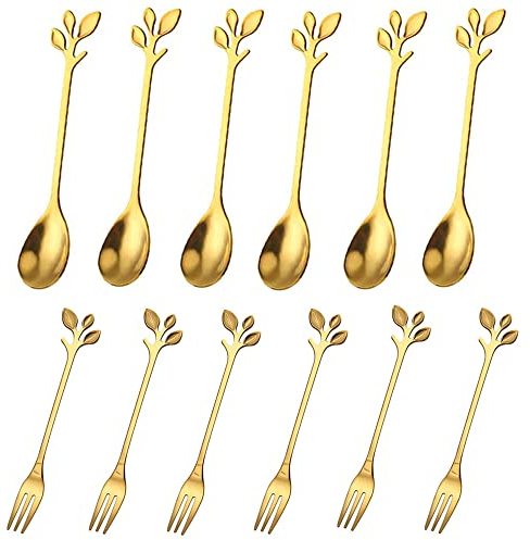 12 Pezzi Cucchiaino da Caffè in Acciaio Inox, Cucchiaio da Caffè Creativo, Cucchiaio da Zucchero, Forchette da Dessert in Acciaio Inox, per Frutta, Caffè, Dessert, Lavabili in Lavastoviglie (Oro)