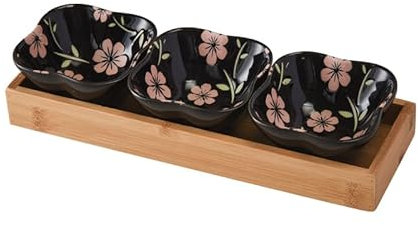 Keramik Servierschalen Set 3er Dip Schälchen mit Bambus Servierplatte, Ideal für Tapas, Antipasti, Sushi,Raclette oder Fondue (GB6004b)