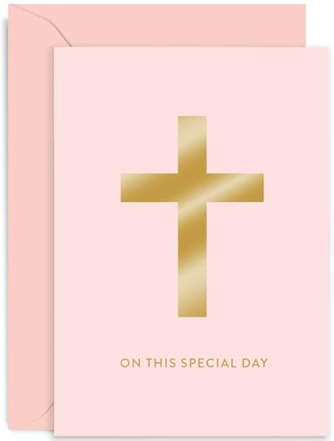 Old English Co. Baptism Card for Girl - Pink Crucific Cross Gold Foil Card - Christening Baby Naming Day - For Niece, Goddaughter, Daughter, Grandaughter | Blank Inside with Envelope
