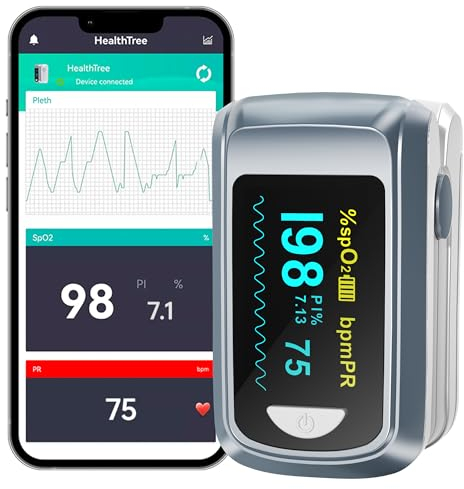 Oxymètre de pouls Bluetooth HealthTree, moniteur de saturation en oxygène du sang et moniteur de fréquence cardiaque pour Apple et Android, avec écran OLED inclus, 2 piles AAA et cordon