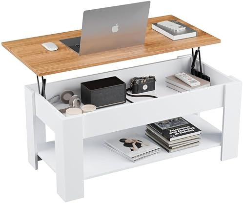 Coffee Table with Storage, Lift Up Coffee Table for Living Room, Wooden Coffee Tables with 1 Shelf Large Hidden Storage Rectangular Lift-Top Sofa End Tea Table, White+Pine, 120x60x(49.5-62.5) H cm