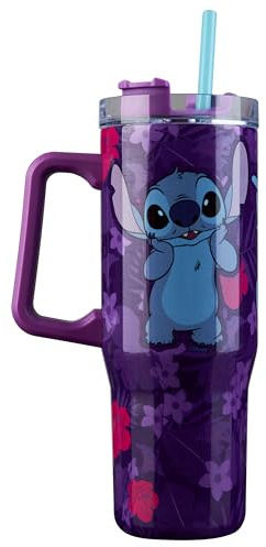 Disney Stitch Thermobecher mit Henkel 940 ml, Trinkbecher mit Deckel und Strohhalm Doppelwandig Isoliert, Hält 17h Kalt, 8h Heiß & 45h Eisgekühlt
