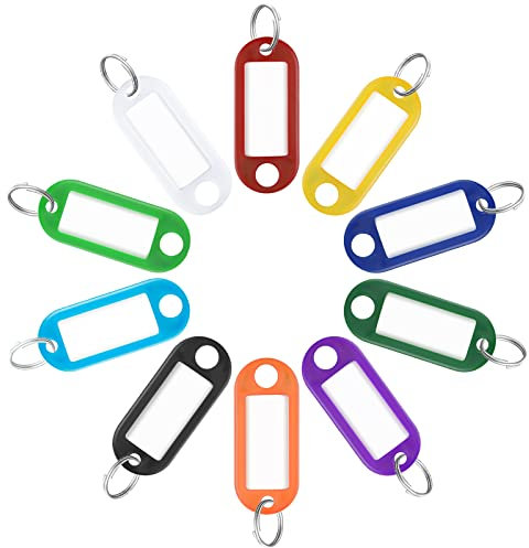 Uniclife Llaveros de plástico resistente 5 cm en 10 colores surtidos Marcadores identificadores artículos con etiquetas papel blanco Películas protectoras plástico y anillas partidas, paquete de 10