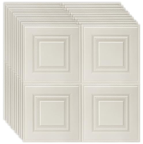 Snewvie White 10 PCS Ceiling Tiles Self Adhesive Peel and Stick Wall Panels Self Adhesive 3D Grid Wood Wall Panels 70X70cm 3D Waterproof PE Foam Ceiling Covering for Home/Office Decoration