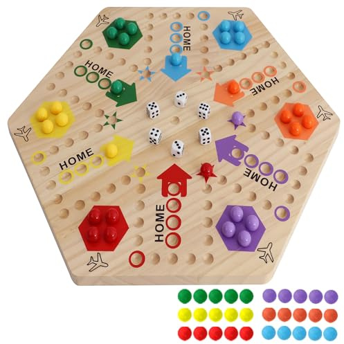 Original Marble Game Wahoo Neues Ludo-Spiel, 37,5 cm großes Massivholz-Doppelseitiges Spielbrett für 6 und 4 Spieler, liefert 24 Spielkugeln，6 Würfel und eine Anleitung