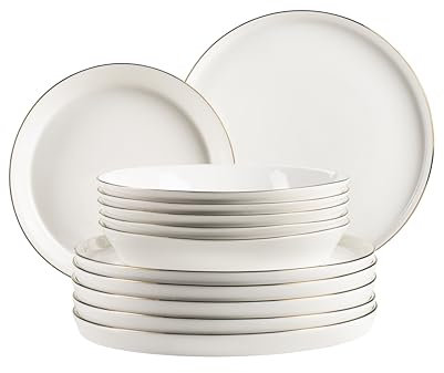 MÄSER, Serie Sita, juego de platos para 6 personas, vajilla de porcelana blanca con borde dorado, sencillo y elegante, porcelana, color blanco