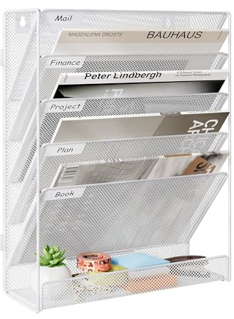 JEBELE 6 Niveles Organizador A4 Papel Pared con Optimización de Espacio, Soporte Documentos Pared con Bandejas Antiestrés, Bandeja Archivador Pared para Oficina y Hogar, Blanco