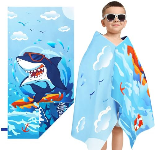 WERNNSAI Tiburón Toalla de Playa Infantil, Toalla de Baño Infantil Microfibra 76 X 150 cm, Toalla de Piscina Secado Rápido Absorbente Suave, Toallas Personalizada para Niñas Y Niños