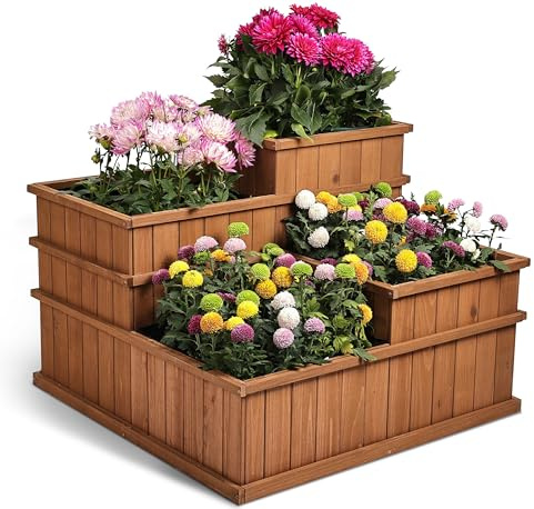 needs&wants® Multibädd med 4 planteringslådor kvadratiska av trä för trädgård balkong terrass, 4 planteringsbäddar blomrabatt låg med folie, 81 x 81 x 61 cm, brun