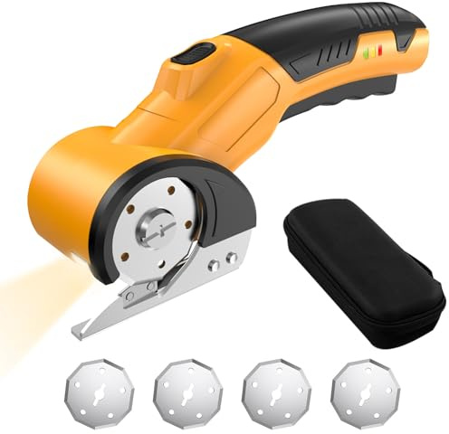 Cortador de cartón - Tijeras eléctricas de 4 V para reciclaje de cartón, cortador de rollos de tela con 4 cuchillos de repuesto, USB recargable tijeras de batería para telas, alfombras, cuero, cartón