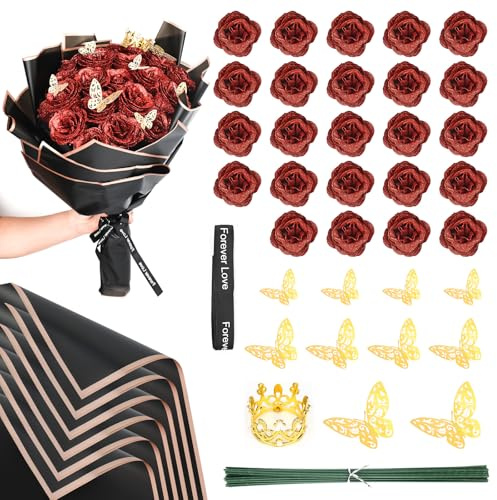 YYTECH Ramo de rosas artificiales endurecidas con purpurina, ramo de flores artificiales con purpurina, ramo de flores rojas con corona, ramo artificial para regalos de boda, aniversario, compromiso